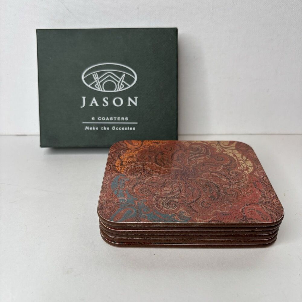 JASON 6pc Paisley Square Cork-Back Coaster Set, Wipe Clean, rectangular with box